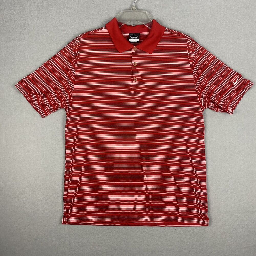 Nike Golf Shirt Men Large Red White Dri Fit Short Sleeve Polo Striped 465806-648